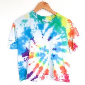 Rainbow Swirl Tie Dye Crop Top  T-shirt. Custom Hand Tie Dyed. Size Medium